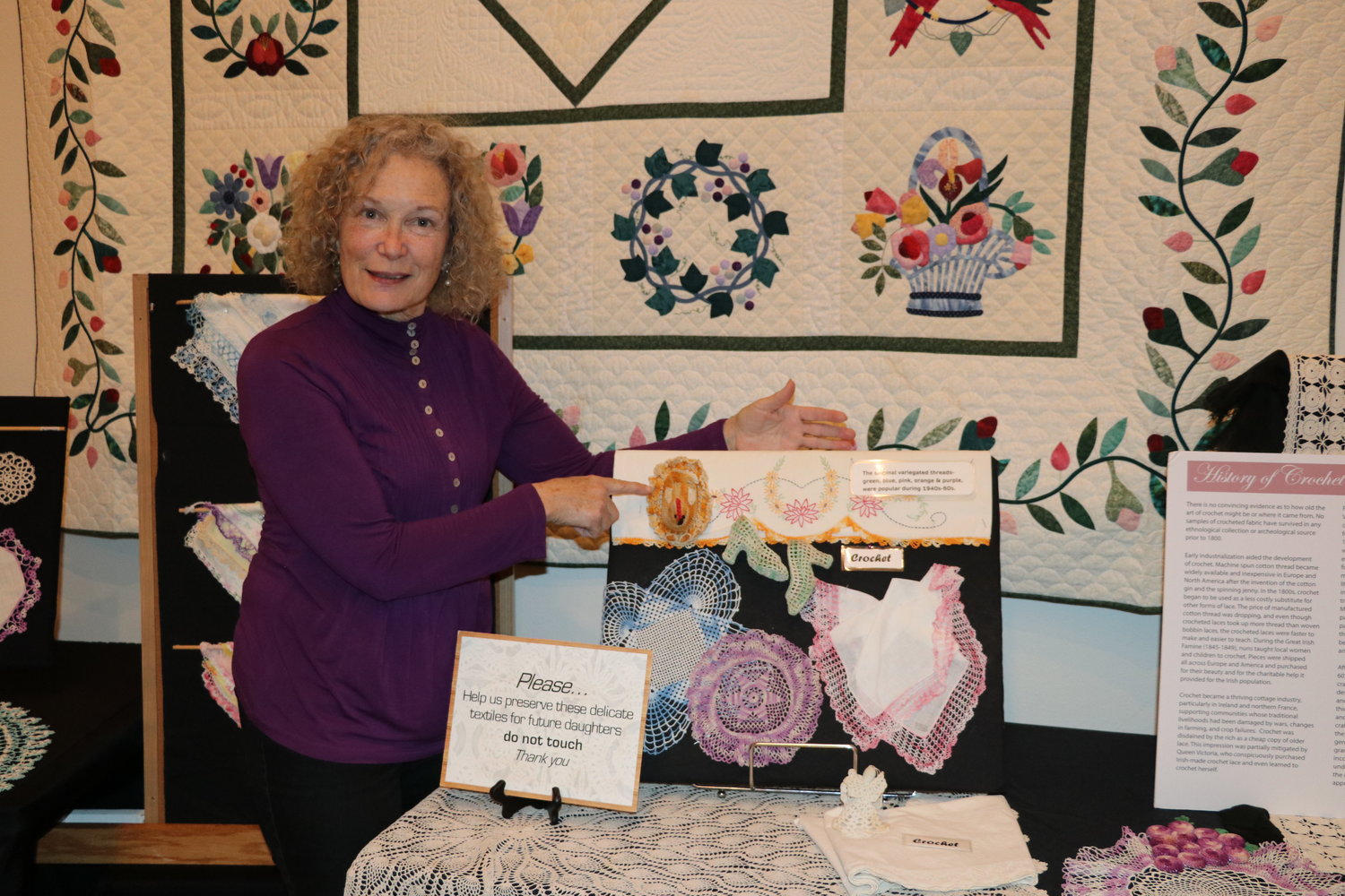 Doris Montag has her crochet exhibit on display in the Kalona Historical Village Visitors Center.